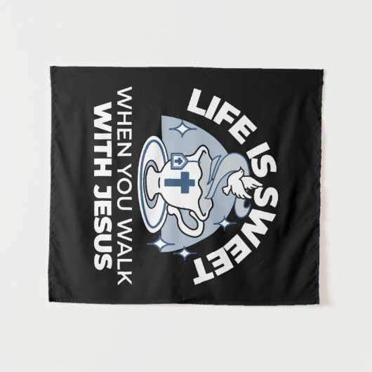 Trouwe Levende Kunst - Teacup met Kruis en Duif Wandkleed (Voorkant (horizontaal))