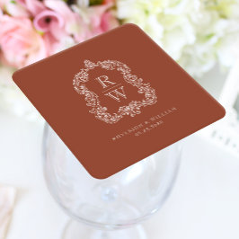 Trouwe Monogram Wapen Naam Terracotta Bruiloft Kartonnen Onderzetters