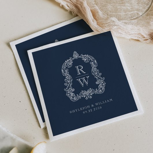 Trouwe Monogram Wapen Namen Navy Blauwe Huwelijk Servet
