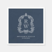 Trouwe Monogram Wapen Namen Navy Blauwe Huwelijk Servet (Voorkant)