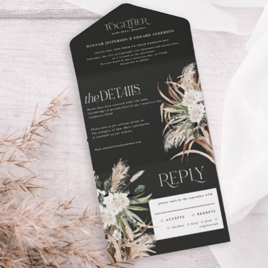 trouwe pampas eucalyptus bruiloft all in one uitnodiging