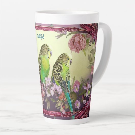 Trouwe parkieten en roze bloesems latte mok (Rechterhoek)