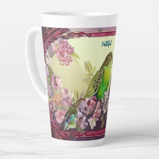 Trouwe parkieten en roze bloesems latte mok (Linkerhoek)