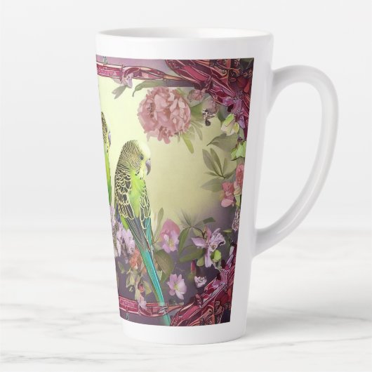 Trouwe parkieten en roze bloesems latte mok (Rechts)