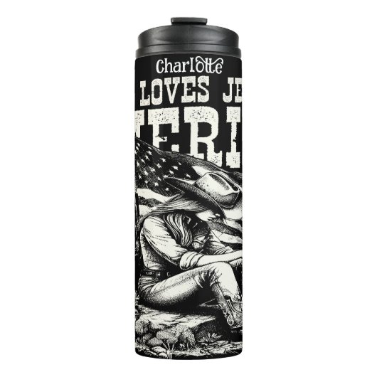 Trouwe Patriot: Jezus, Amerika, Cowgirl Thermosbeker (Voorkant)