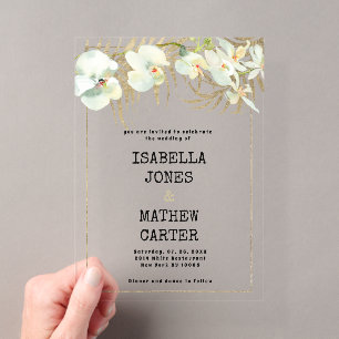 Trouwe typewriter lettertype witte gouden orchidee acryl uitnodigingen