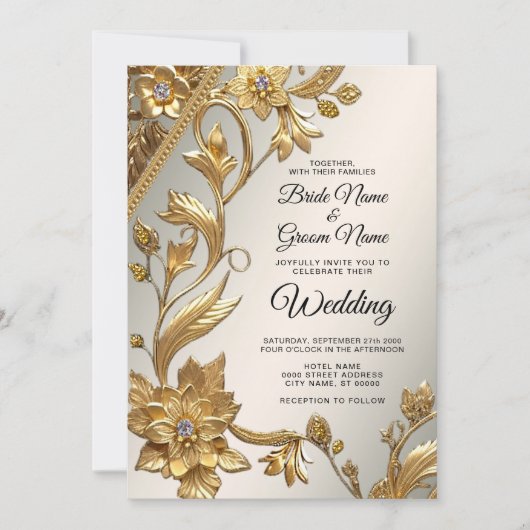 Trouwe Uitnodiging met Gouden Golfblad Bloemen (Voorkant)