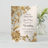 Trouwe Uitnodiging met Gouden Golfblad Bloemen (Staand voorkant)