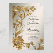 Trouwe Uitnodiging met Gouden Golfblad Bloemen (Voorkant / Achterkant)