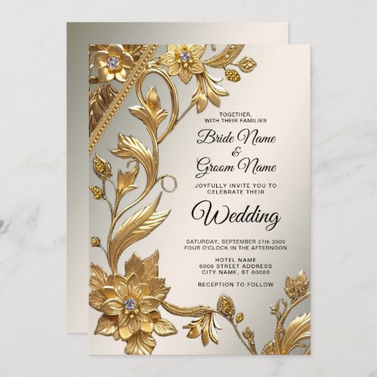 Trouwe Uitnodiging met Gouden Golfblad Bloemen (Voorkant / Achterkant)