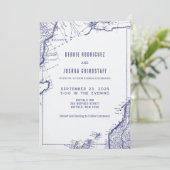 Trouwe Uitnodiging Vintage Kaart Blauw op Wit (Staand voorkant)