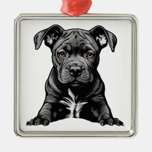 Trouwe Zwarte Pitbull Puppy Trotse Hond Moeder Vad Metalen Ornament