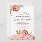 Trouwekaart met gouden en roze bloemmotief aankondiging (Voorkant)