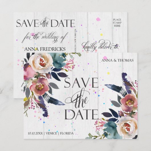 Trouwen bewaar de data | Boho Blue & Misty Roos Aankondigingskaart (Voorkant / Achterkant)