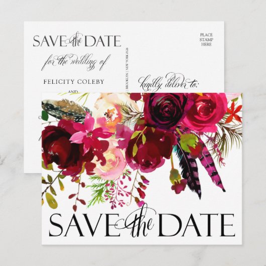 Trouwen bewaar de data | Floral Boho Aankondigingskaart (Voorkant / Achterkant)