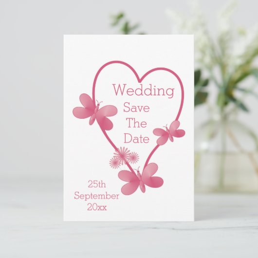 Trouwen Bewaar de datum Roze Hart en Vlinders Save The Date (Staand voorkant)