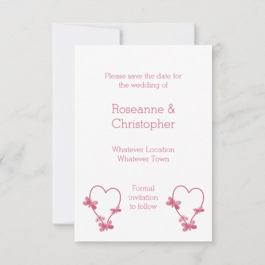 Trouwen Bewaar de datum Roze Hart en Vlinders Save The Date (Achterkant)