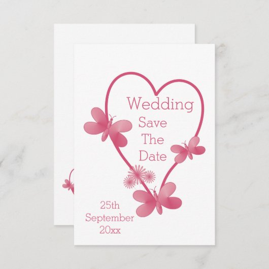 Trouwen Bewaar de datum Roze Hart en Vlinders Save The Date (Voorkant / Achterkant)