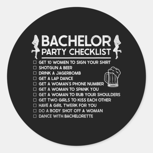 Trouwen Bruidegom Grappige Bachelor Checklijst Par Ronde Sticker (Voorkant)
