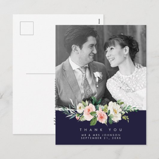 Trouwen Dank u Foto briefkaart Navy Bloemen (Voorkant / Achterkant)
