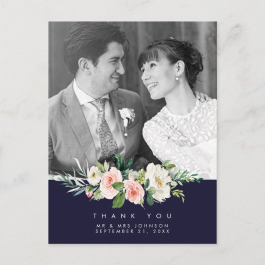 Trouwen Dank u Foto briefkaart Navy Bloemen (Voorkant)