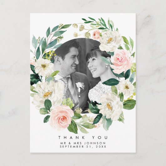 Trouwen Dank u Foto briefkaart Roze Bloemen (Voorkant)