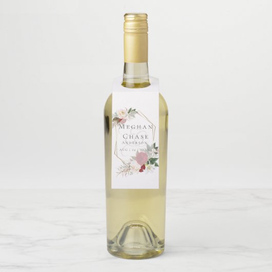 Trouwen Drink Labels | Bourgondische rode bloemen (Op fles)