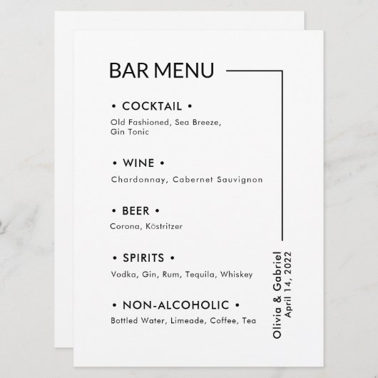 Trouwen Drinken. Eenvoudig Modern Bar-menu Menu (Voorkant / Achterkant)