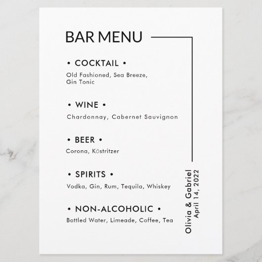 Trouwen Drinken. Eenvoudig Modern Bar-menu Menu (Voorkant)