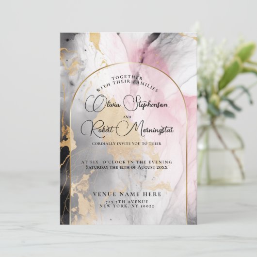 TROUWEN  | Ebony Rose en Goud Abstract Marmer Kaart (Staand voorkant)