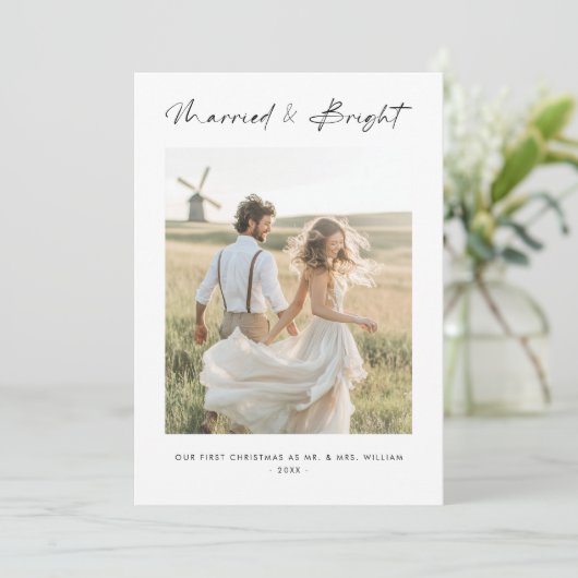 Trouwen en heldere Pas getrouwd eerste kerstfoto Feestdagenkaart (Staand voorkant)