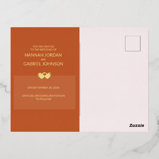 Trouwen Folie Save the Date Terracotta Briefkaart (Achterkant)