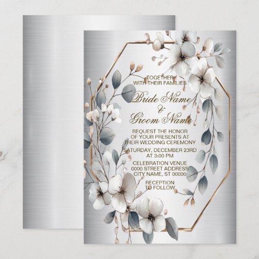 Trouwen Golden Lijst White Flowers Waterverf Kaart (Voorkant / Achterkant)