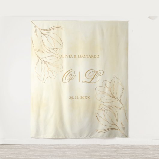 Trouwen Gouden Bloemen Op Crème Achtergrond Wandkleed (Voorkant)