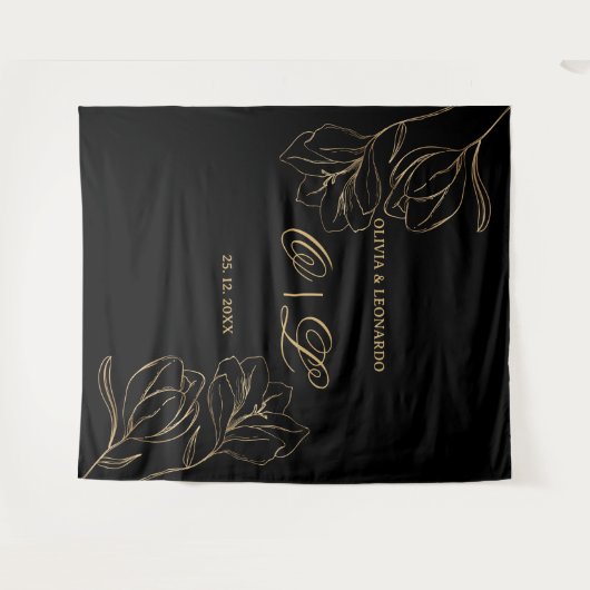 Trouwen Gouden Bloemen Op Zwarte Achtergrond Wandkleed (Voorkant (horizontaal))