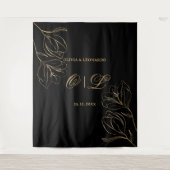 Trouwen Gouden Bloemen Op Zwarte Achtergrond Wandkleed (Voorkant)