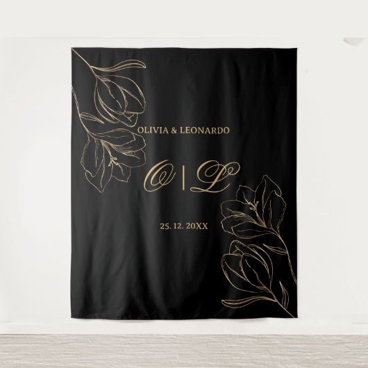 Trouwen Gouden Bloemen Op Zwarte Achtergrond Wandkleed (Voorkant)