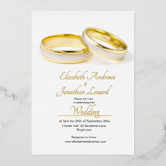 Trouwen Gouden Folie Elegante Ringen Eenvoudig Folie Uitnodiging (Voorkant)