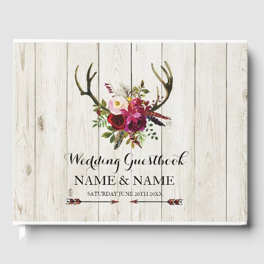 Trouwen GuestBook Stag Antlers Hout Bloemen Rustie Gastenboek (Voorkant)