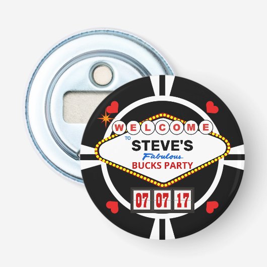Trouwen in Vegas Casino Stag Party Poker Chip Button Flesopener (Voorkant)