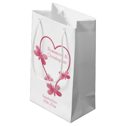 Trouwen kleine geschenkzak roze hart en vlinders klein cadeauzakje (Achterkant Gekanteld)