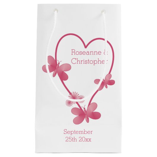 Trouwen kleine geschenkzak roze hart en vlinders klein cadeauzakje (Voorkant)