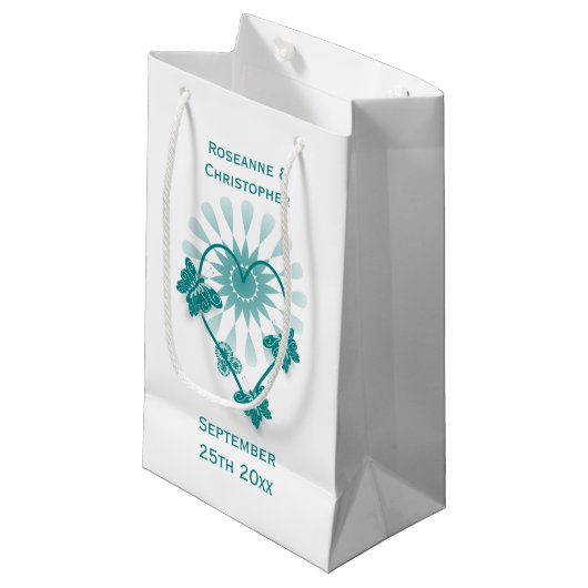 Trouwen Kleine Gift Bag Blauwgroen Vlinders Hart Klein Cadeauzakje (Voorkant Gekanteld)