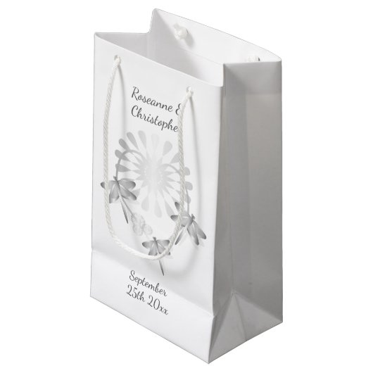 Trouwen Kleine Gift Bag Zilveren Dragonflies Hart Klein Cadeauzakje (Voorkant Gekanteld)