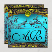 TROUWEN LIEFDE VOGELS INITIALEN zwart geel turquoi Aankondiging (Voorkant / Achterkant)