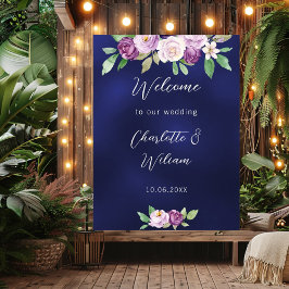 Trouwen marineblauw violet paarse bloemen welkom poster