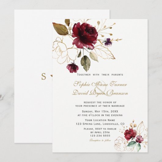 Trouwen met Bourgondië Gouden Bloemen Monogram Kaart (Voorkant / Achterkant)