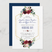 Trouwen met Charm Burgundy Bloem Gouden Zeshoekige Kaart (Voorkant / Achterkant)