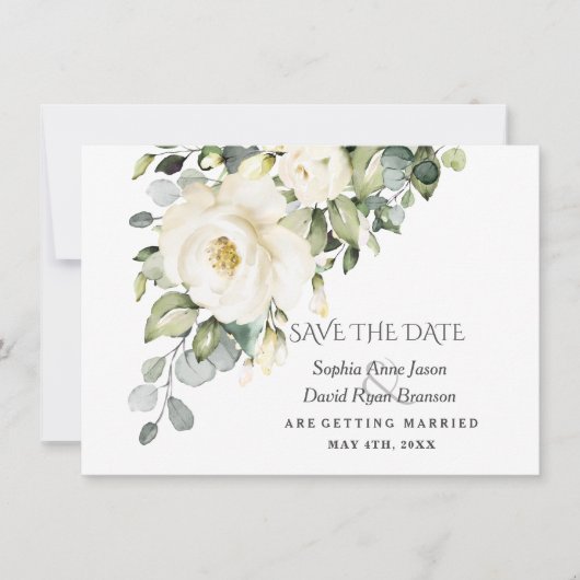 Trouwen met charm witte waterverf bloemen save the date (Voorkant)