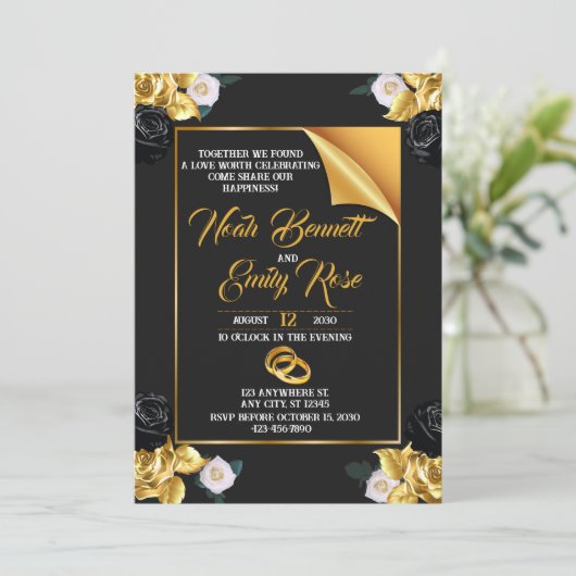 Trouwen met rozen en gouden ringen kaart (Staand voorkant)